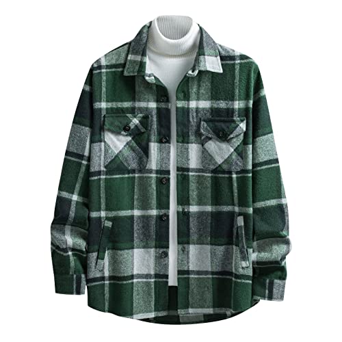 XUNRYAN Mens Flannel Shacket Jacket Plaid Long Sleeve Shirts Casual Dressy Tops Wool-Blend Blouse Button Down Coat Outerwear2