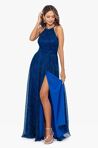Image of Betsy & Adam Women's Long Metallic Sleeveless Halter Neck Wrap Overlay Gown, Royal, 4