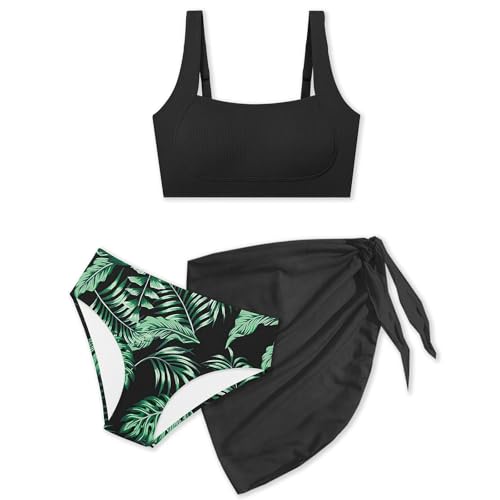 Traje de baño infantil para niña, dos piezas, tankini con protección UV, traje de baño para 7-16 años, Negro , 13-14 años