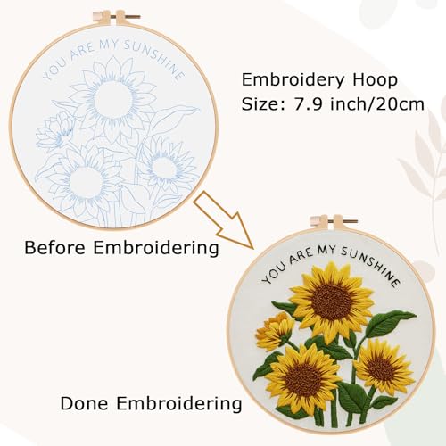 Image of Nuberlic Sunflower Embroidery Kit for Beginners -Adults Starter Cross Stitch Kit DIY Needlepoint with Hoop, Pre-Printed Fabric, Threads & Step-by-Step Guide