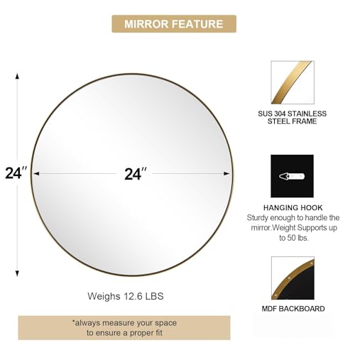 Image of ANDY STAR Gold Round Mirror, 24'' Brushed Gold Circle Bathroom Mirrors in Stainless Steel Metal Frame 1 inch Deep Set Design