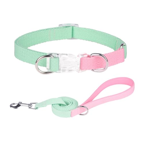 犬用散歩用ロープです首輪と牽引ロープマカロン衝突色おしゃれポリエステルリボン首輪質感透明ボタン純色最大幅2.5 cm胸札幼犬小型ペット犬アウトドアスポーツ散歩迷子防止ロープと首カバー調節可能 (グリーンピンクです, M)