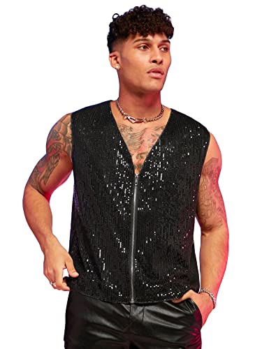 WDIRARA Men's Sequin Zipper Up Vest Fashion Solid Sleeveless V Neck Casual Jacket