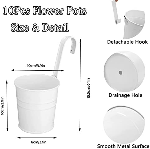 10 Pcs 10 cm Metal Flower Pots, White Metal Hanging Plant Pots Fence Flower Pots Garden Hanging Flower holder with Drainage Hole for Railing Fence Balcony