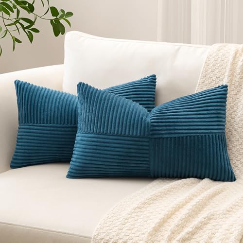 Sungeek Lot de 2 Housse de Coussin 40x60 cm en Velours Côtelé, Housse Coussins Patchwork à Rayures Croisées Doux Taies d'oreiller Décoratives pour Lit...