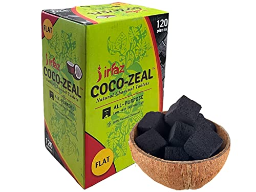 Coco-Zeal Coconut Charcoals Cubes Afzal Hookah Shisha Coals Natural Shell [Irfaz Retail Pkg 120 Flat Cubes 2.5x2.5x1.5