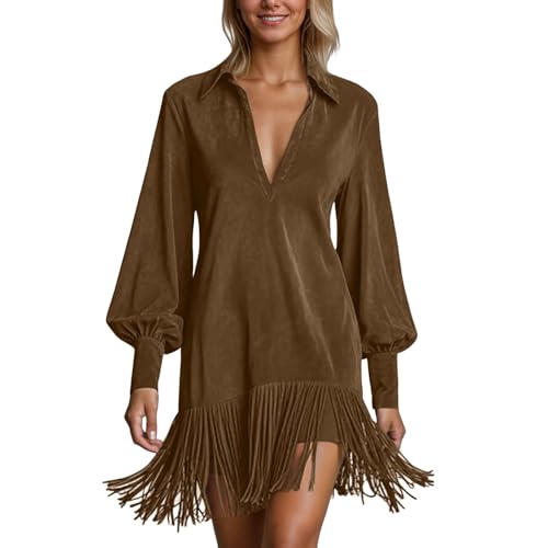 Gefomuofe Vestido de piel para mujer, ante de manga larga, vestido midi con bolsillos, cuello en V, ante sintético, elegante, vestido de carnaval, vestido vintage de otoño, marrón, S