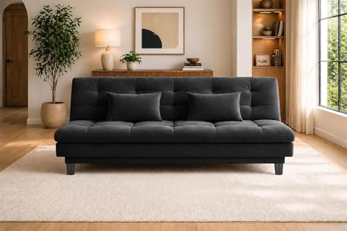 Image of 3 Seater Velvet Sofa Cum Bed, Tufted Convertible Sleeper Couch, Space-Saving Design, Comfortable Cushioned Seating - Black Color