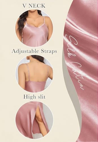 Image of ALCEA ROSEA Women's Long Satin Slip Dress Nightgowns Sexy Lingerie Adjustable Strap Midi Dress Silky Gown V Neck Under Dress