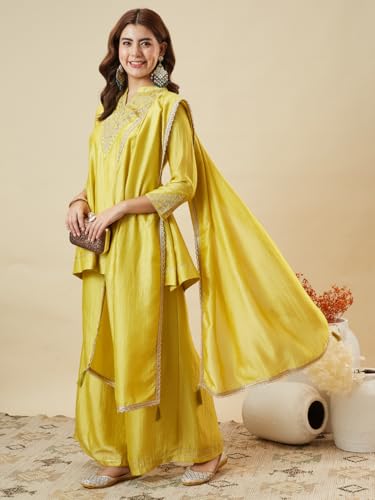Image of MOKOSH Women's Silk Embroidery Kurta Sharara with Dupatta | Kurta Set | Embroidered |Indian Kurta Outfit with Sharara | 3 Piece Outfit |Straight Ethnic Suit 4 Colour Options Available
