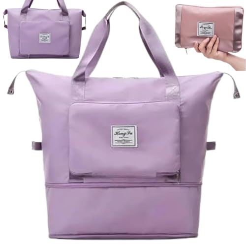Bolsa de Viagem Dobrável e Expansível Grande Capacidade Impermeável para Academia e Fitness Mala Tote Bag Multiuso (COM bolso na frente, LILÁS)