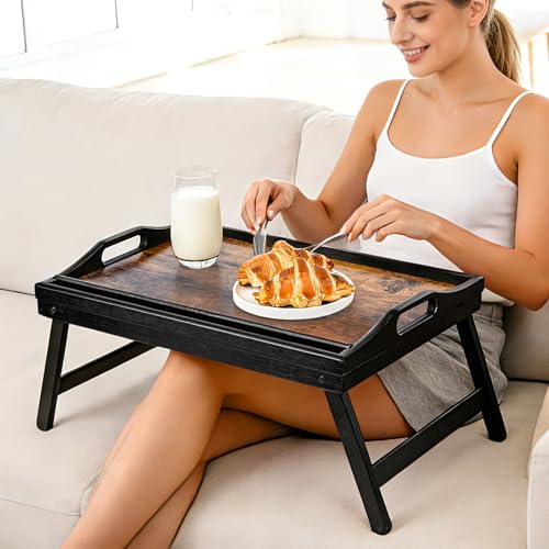 VASMIA Betttablett Tisch mit klappbaren Beinen, Bambus Frühstück im Bett Essen, Servieren, Laptop-Schreibtisch, Snack Tablett, mit Rille für Handy, 43 x 32 cm，Schwarz und Vintage Braun