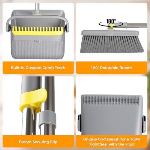 Image of Upgrade Broom and Dustpan Set 180 Rotatable Head with 61 inch Extra Long Adjustable Handle Self-Cleaning Dustpan Teeth&Zero Gap Indoor Outdoor Sweeping for Home Kitchen Office Pet Hair-Gray&Yellow