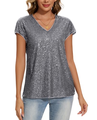Image of MINTLIMIT Womens V Neck Tops Cap Short Sleeve T-Shirt Sequin Sparkly Tunic Blouse Club Night Shirts (Grey XL)