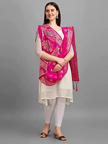 Women's Woven Banarasi Silk Zari Dupatta/Chunni, Width 1 Meter, Length 2.5 Meter Deep Pink 2cm3