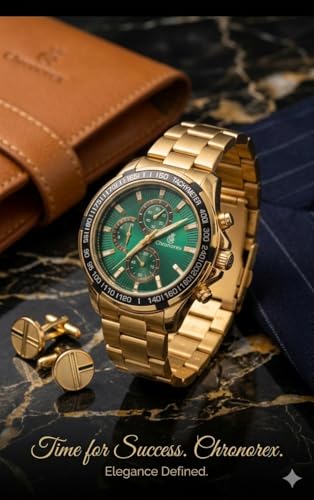 Image of Men's Gold Chronograph Watch with Green Dial | Stainless Steel Strap | Tachymeter Sports Watch