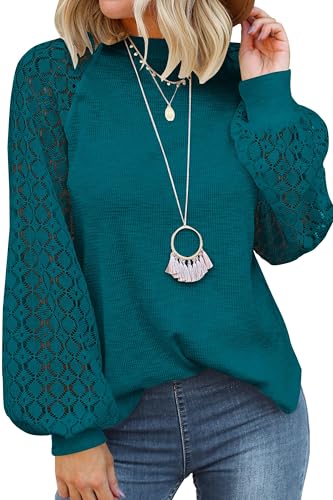 Zeagoo Damen Rundhals Shirt Elegant Langarm T-Shirt Raglan Spitzenärmel Bluse Mesh Langarmshirts Tunika Top Bluse Blau Grün M