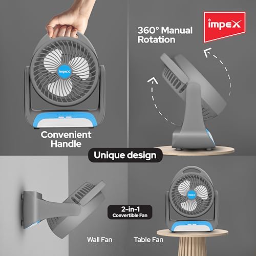 Image of Impex BLDC Rechargeable Fan with LED Lamp | 2400mAh Battery | High Speed 2650 RPM Portable Fan | 3 Speed Silent Operation with natural wind mode | Personal Mini Fan | USB-C Charging | 1 Year Warranty