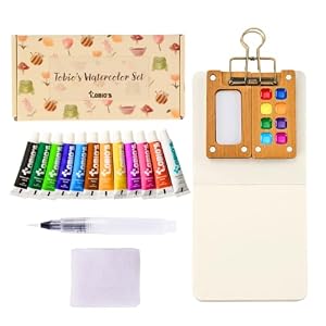Tobios Juego de pintura de acuarela, mini kit de acuarela de viaje con 12 colores, cepillo de agua recargable, paleta de madera y cuaderno de bocetos, juego de pintura portátil para principiantes, diario y regalos