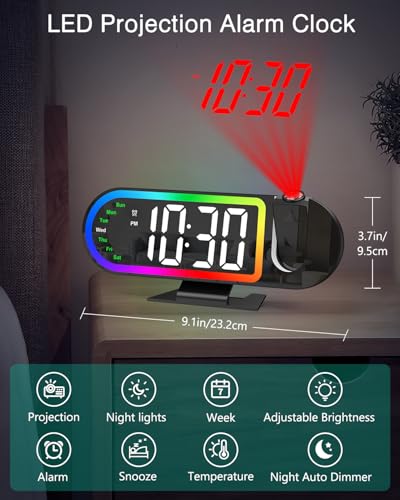 ORIA Projection Alarm Clocks for Bedrooms, 8.5" Digital Clock with 180° Rotatable Projector, 17 RGB Night Light & 3-Level Dimmer, Snooze, Temperature, for Home, Bedside, Ceiling, Wall - Image 2
