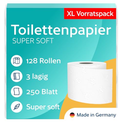 128 Rollen Toilettenpapier 3-lagig – 250 Blatt pro Rolle – 100% Zellstoff – Made in Germany – 16 x 8 Stück - für Zuhause, Gewerbe, Industrie, Hotels, Gastronomie