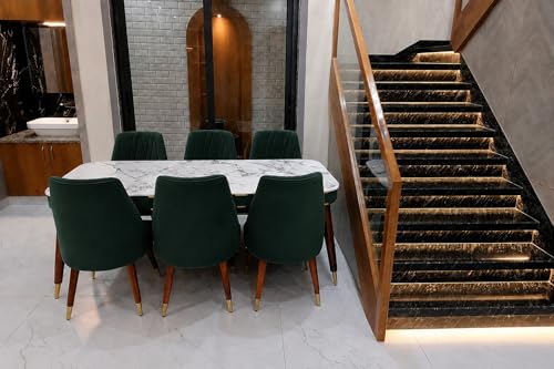 Image of WOODEN SPACE 6-Seater Wooden Dining Table Set | Nano Composite Marble Top | Solid Wood Base | Modern Dining Room Furniture with 6 Chairs (Dark Green Frontline)