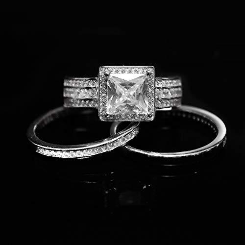 Beverly Wedding Ring Set for Women by Ginger Lyne | 3 Piece White Gold over Sterling Silver Engagement Ring Two Matching Anniversary Bands Square Halo Design Cubic Zirconia Princess Cut Center Stone2
