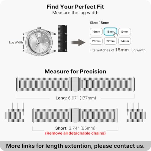 Image of Fullmosa 18mm Stainless Steel Watch Band, Quick Release Metal Replacement Strap with Removable Links, Includes Spring Bars & Link Removal Tool for Men Women (Silver)