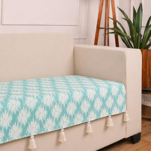 Image of STITCHNEST 'Verdant Ikat Stories' 3 Seater Sofa Cover| Elegant Jacquard Fabric, Decorative Tassels, Washable & Durable for Modern Living