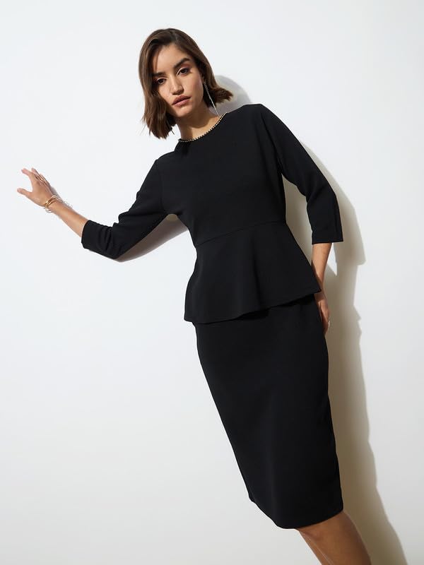 Image of barcino Black Peplum Diamante Neck Bodycon Dress