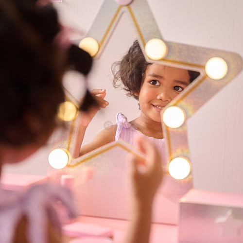 Image of Teamson Kids Star Vanity Set with LED Lights for Girls, Pink 2-Piece Kids Makeup Table with Mirror, 3 Storage Drawers & Matching Stool for Bedroom or Playroom, Ages 3+ Safe | LED Lights, Makeup Table with Mirror, 3 Storage Drawers, Matching Stool, Bedroom or Playroom