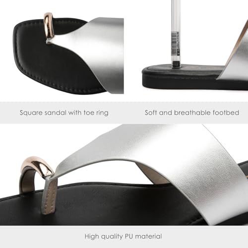 Image of Eozlink Women's Toe Ring Flat Sandals, Slip On Dressy Summer Slides | PU upper with square toe and metal accent for resort and casual outfits