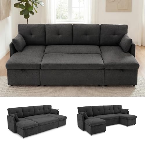 Image of Huatean Home Oversized Sleeper Sofa Couch, 100 inch 2 in 1 Pullout Couch Bed with Side Pockets for Living Room, Sectional Sleeper Sofa Bed with Double Storage Chaise, Black