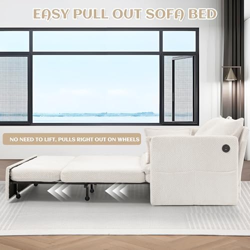 SUNWAVE 60" Queen Pull Out Sofa Bed - Convertible Sleeper Sofa Bed, Corduroy Pull Out Couch with USB Charging, Side Pockets for Living Room, Bedroom, Small Spaces (Cream, 60") - Thumbnail 5