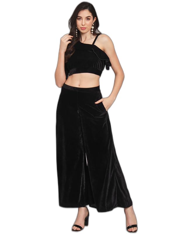 Image of Vaararo Velvet Co-Ords for Women | One Sleeve Crop Top with Palazzo Set Casual Party Dress