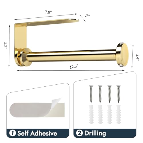 Image of theaoo Paper Towel Holder Under Cabinet, One-Handed Tear Wall Mount Paper Towel Holder Dispenser with Damping Function for Kitchen Organization, Stainless Steel, Self-Adhesive or Drill mounting, Gold
