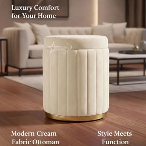 Image of Round Strip Stool with Cushion Foot Rest Office Stool Pouf Ottoman Padded Seat in Living Room - Cream