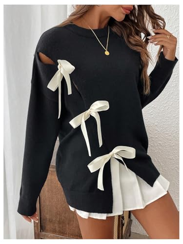 Verdusa Women's Bow Tie Split Sweater Fall Outfits Round Neck Loose Fit Knit Pullover Tops4