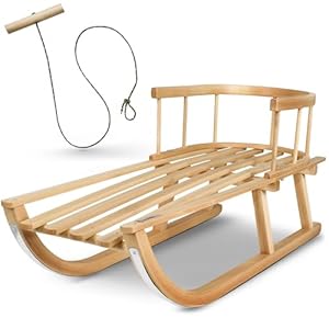 Kinderschlitten 90 cm mit Rückenlehne - Holzschlitten aus massivem Buchenholz - Rodelschlitten Schneeschlitten Davoser mit Leine & Griff - robuste Kufen mit Leichtlauf-Stahlkufenbeschl...