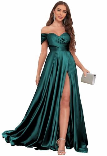 Image of SOLODISH Off The Shoulder Satin Prom Dresses for Women Long Formal Evening Party Dress with Slit