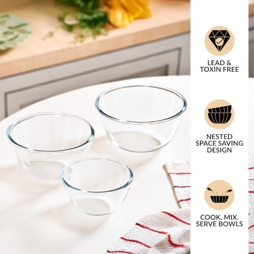Image of Nestasia Set of 3 Borosilicate Glass Mixing Bowls for Kitchen (500ml, 1000ml, 1600ml), Oven & Microwave Safe, Dishwasher & Freezer Safe Transparent Serving Bowl Set