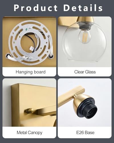 Image of Bathroom Light Fixtures, 1-Light Matte Gold Vanity Light with Hand-Blown Thick Glass Shade, High Clarity & Durable, Wall Sconce for Mirror, Kitchen, Bedroom, Hallway