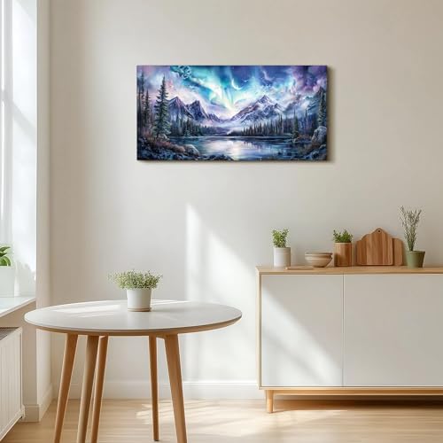 SERIMINO Aurora Landscape Large Wall Art, Mountain Forest Lake Nature Decor Art Prints, Fantasy Nightscape Artwork for Walls, Moonlit Night Canvas Art Wall Decor Living Room Bedroom Office 20"X40"