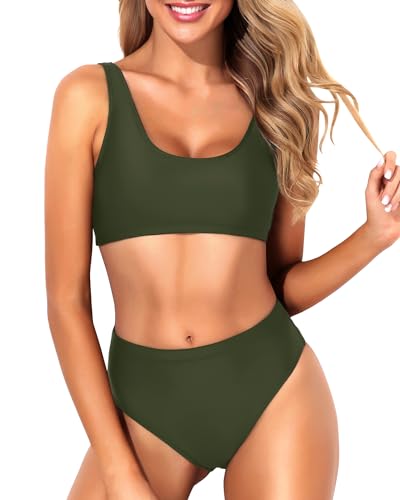 Image of Tempt Me Women Two Piece Scoop Neck Bikini Crop Top High Cut Swimsuit Sporty High Waisted Bathing Suit with Bottoms