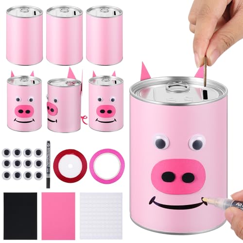 Image of Reallnaive 6 Pcs DIY Coin Piggy Bank Bulk Pink Metal Money Bank Kids Savings Box with Easy Open Lid with Full Set of DIY Materials Crafts As Creative Gifts Boys Girls Birthday Party Supplies