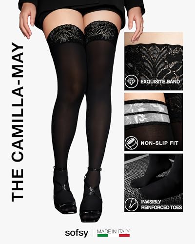 Image of sofsy 100% OEKO-TEX Certified - Italian Women's Opaque Thigh High Stockings | Ultra Soft Dual Silicone Lace Top Stay Ups