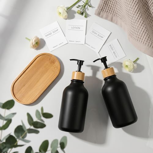 Image of KASUNTING Hand and Dish Soap Dispenser Set, Plastic Kitchen Soap Dispenser Set with Bamboo Tray, 17 Fl Oz Black Soap and Lotion Dispensers Sets with 4 Pack Labels for Kitchen & Bathroom Countertop