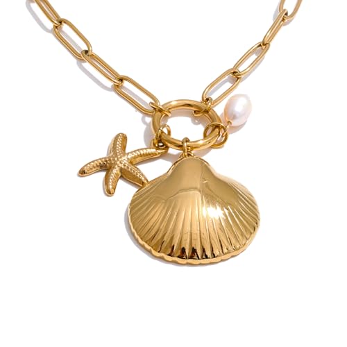 Mchic Charm Necklace for Women: Gold Seashell Pendant Necklace with Shell Pearl Heart Sun Starfish Charms Chunky Paperclip Chain Beach Vacation Ocean Summer Tropical Jewelry Choker