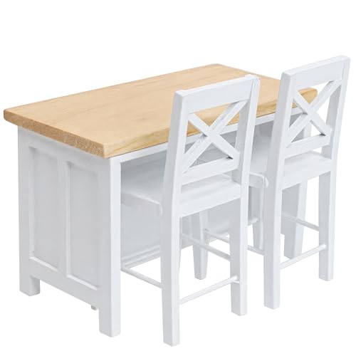 Miniature Dollhouse Kitchen Island & 2Pcs Stools, Furniture Modern 1/12 Scale Doll House Accessories Mini Wooden Chair and Table Set for Dining Room Restaurant Pub Bar Scene, Realistic Items, White