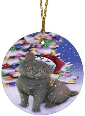 Summertime Tropical Island Beach Chartreux Kitten Round Flat Ornament - Pet Decorative Hanging Ornaments for Christmas X-mas Tree Decorations - 2.75" Round Flat Ceramic Christmas Ornament POR1647